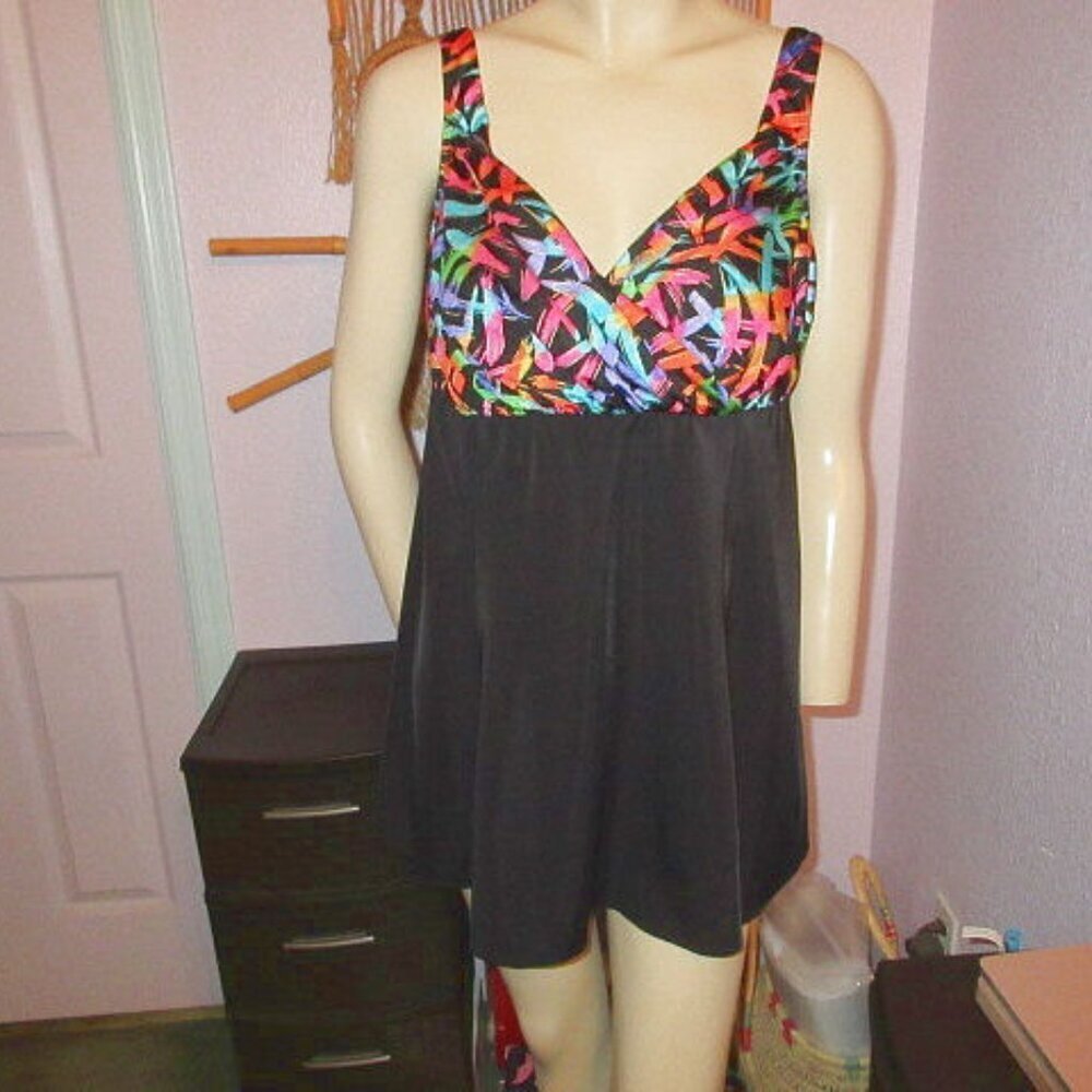 Inches Away One Piece Swim Dress Size 14 Rainbow Tummy Control Swimsuit Bra NEW